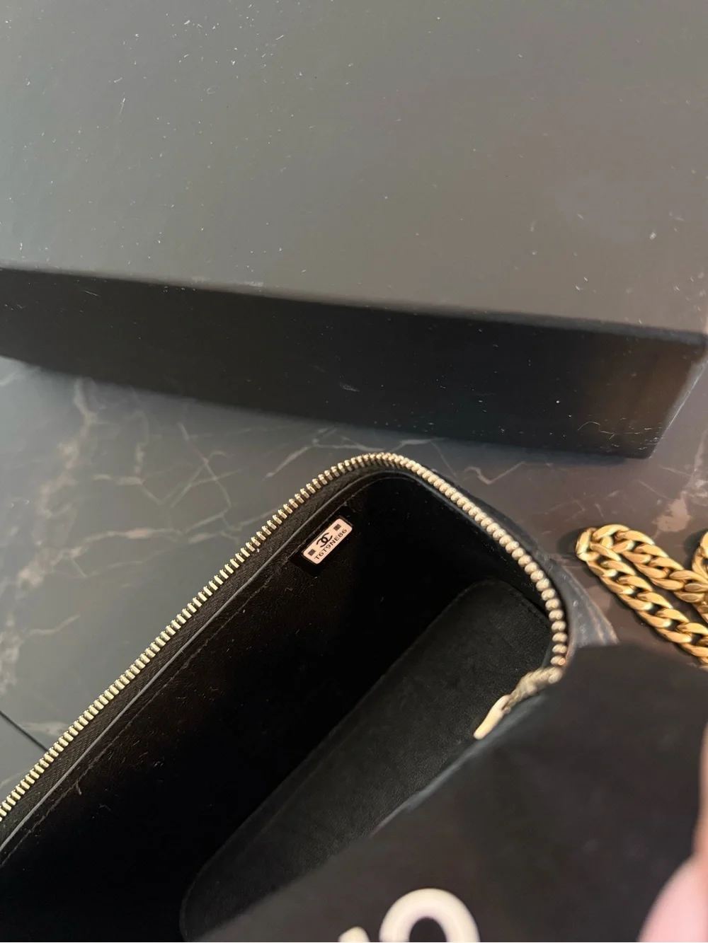 CHANEL Black Quilted Vanity Case with Gold Chain